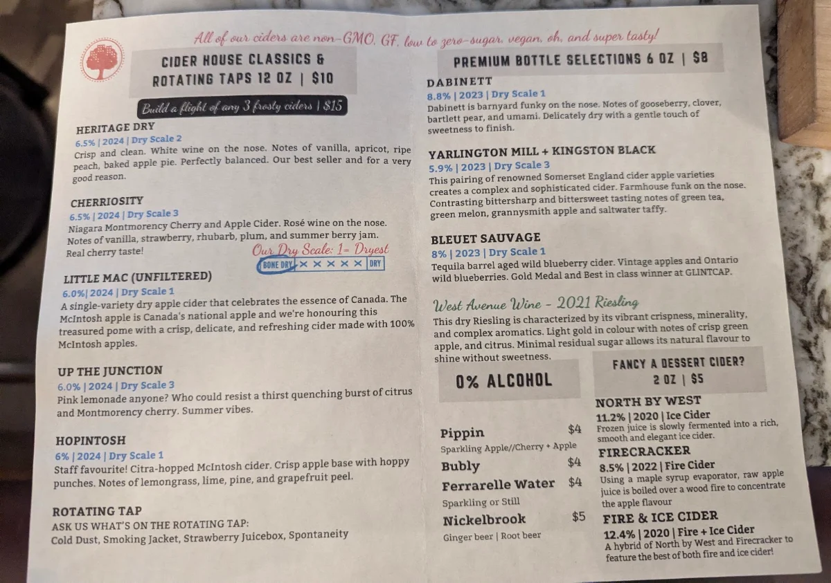 Menu, West Avenue Cider House