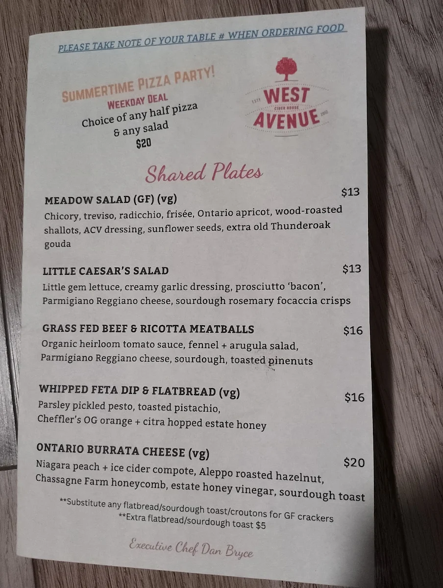 Menu, West Avenue Cider House