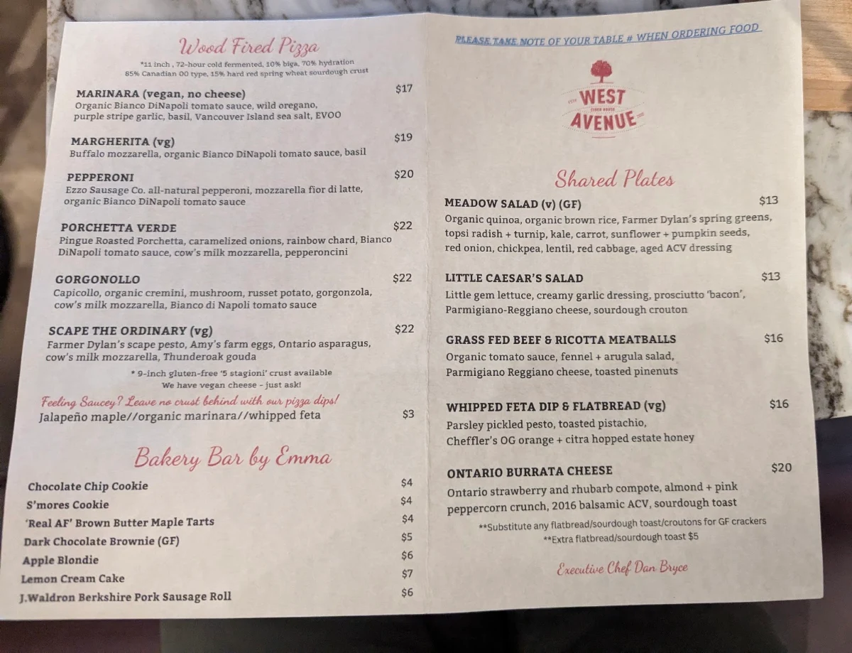 Menu, West Avenue Cider House