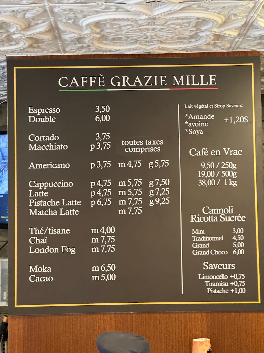 Menu, Caffé Grazie-Mille Fairmount