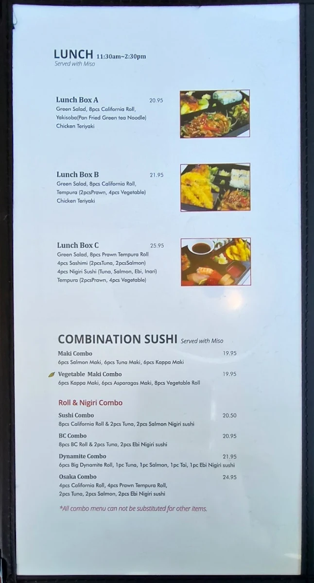 Menu, Deep Cove Osaka Sushi