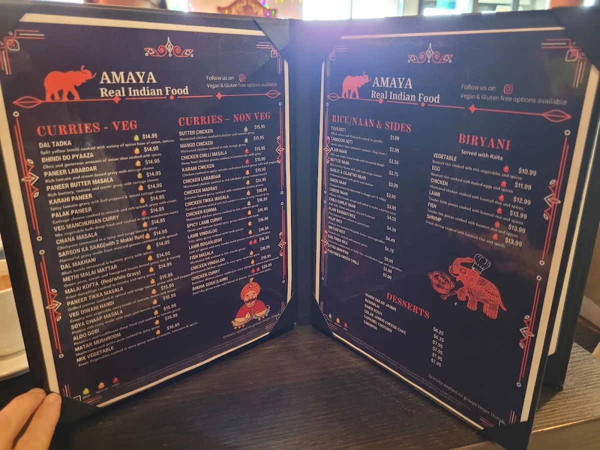 Menu, NEW AMAYA REAL INDIAN FOOD
