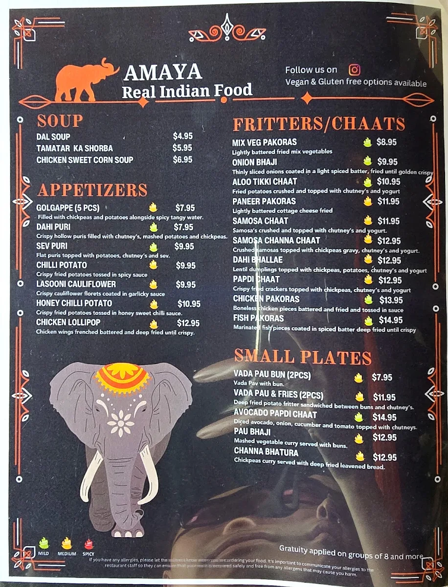 Menu, NEW AMAYA REAL INDIAN FOOD