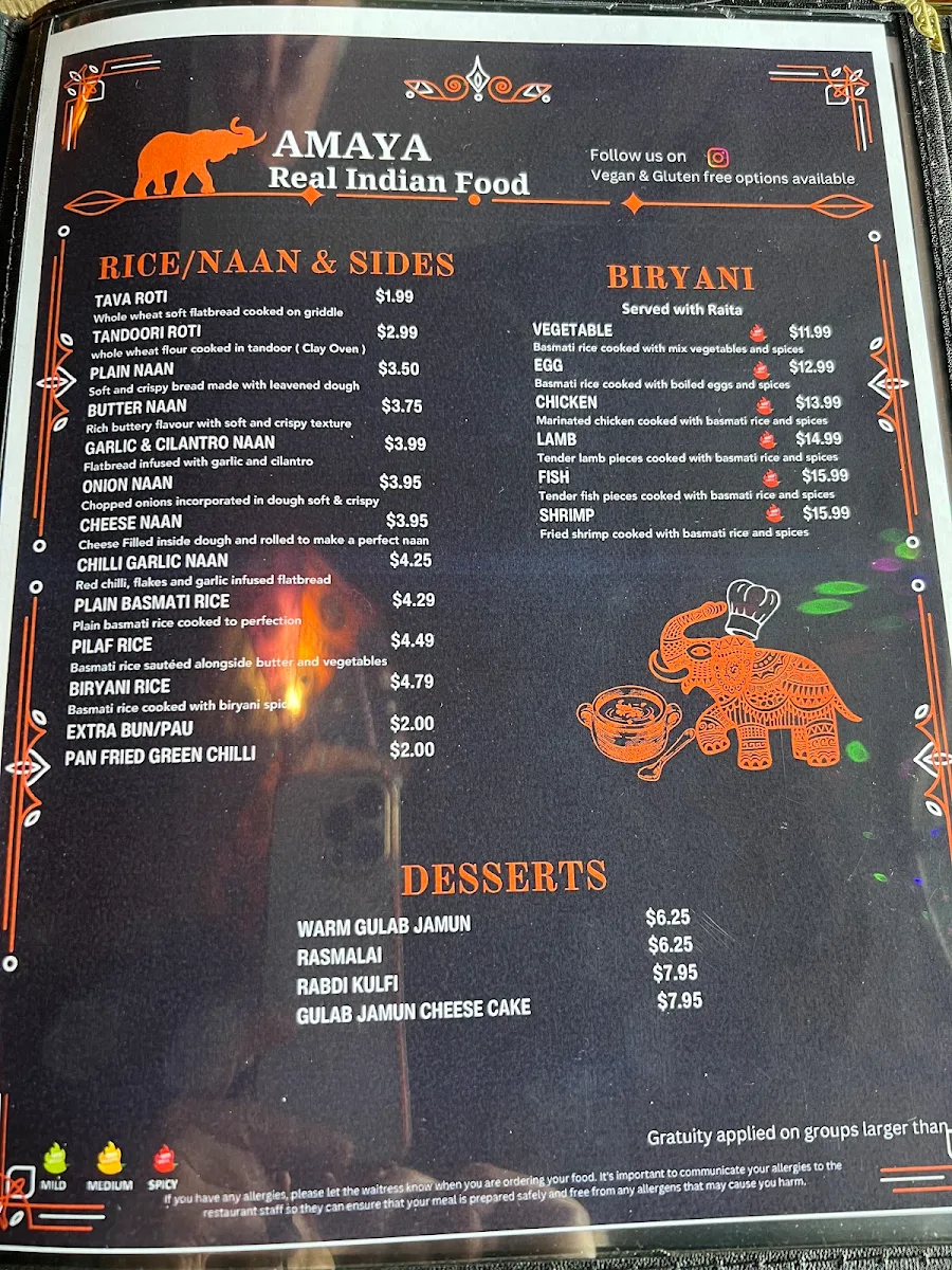 Menu, NEW AMAYA REAL INDIAN FOOD
