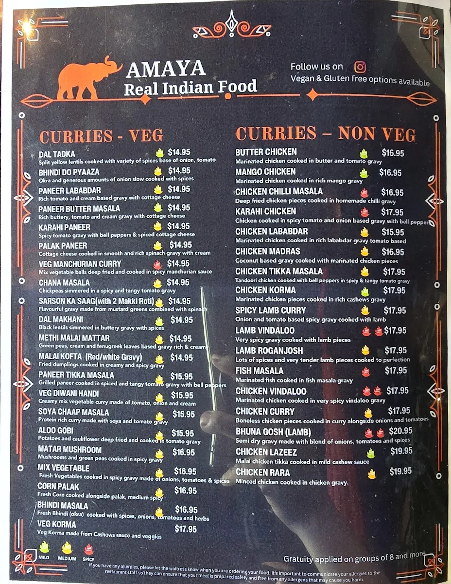 Menu, NEW AMAYA REAL INDIAN FOOD