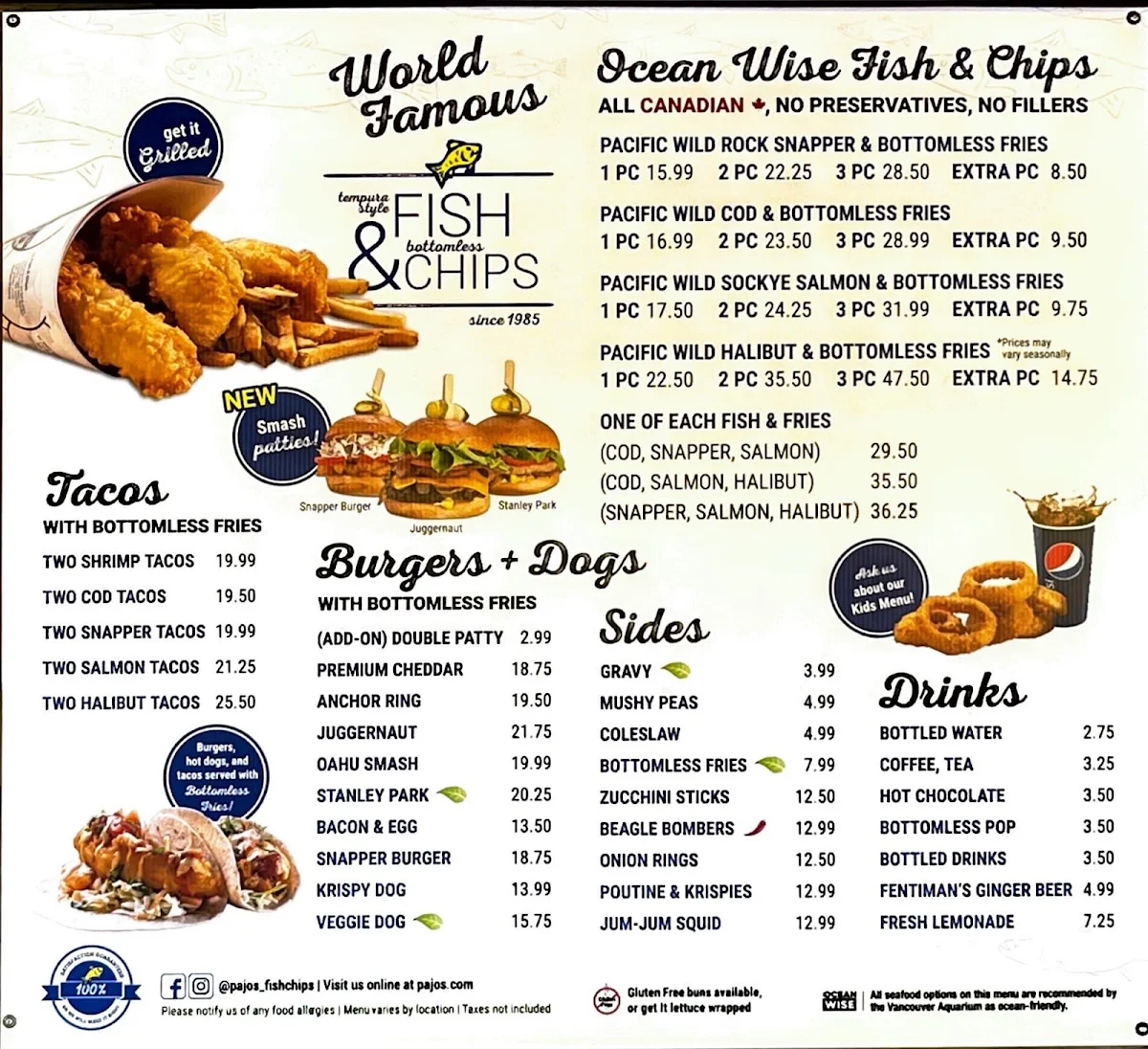 Menu, Pajo's Fish & Chips at Steveston Wharf