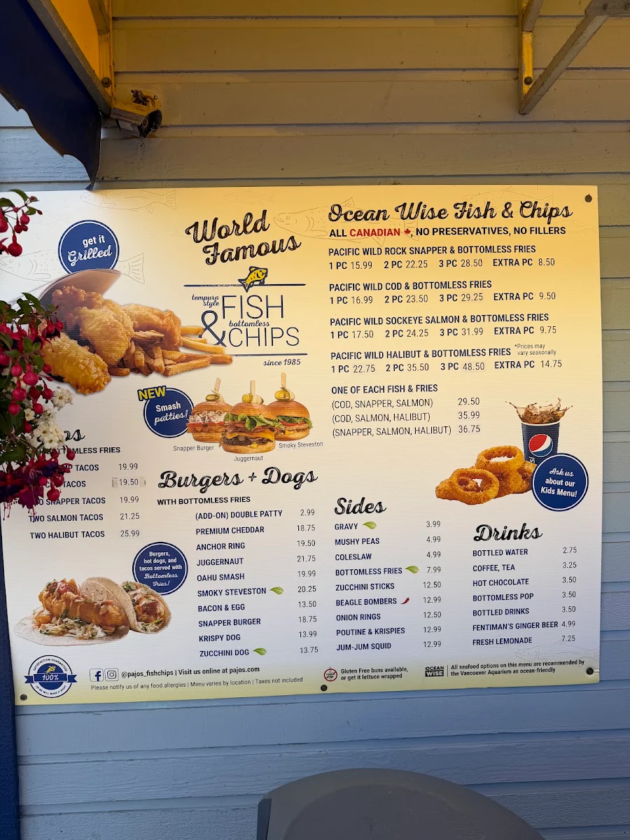 Menu, Pajo's Fish & Chips at Steveston Wharf