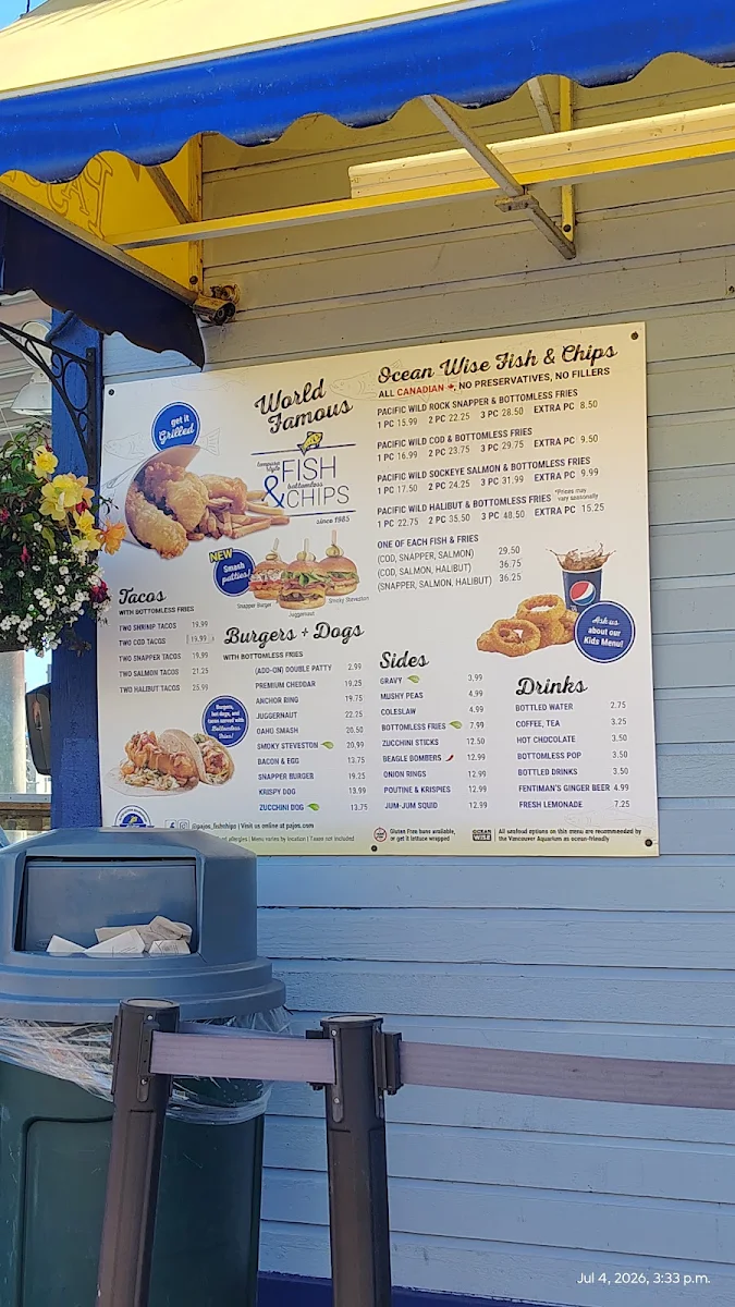 Menu, Pajo's Fish & Chips at Steveston Wharf