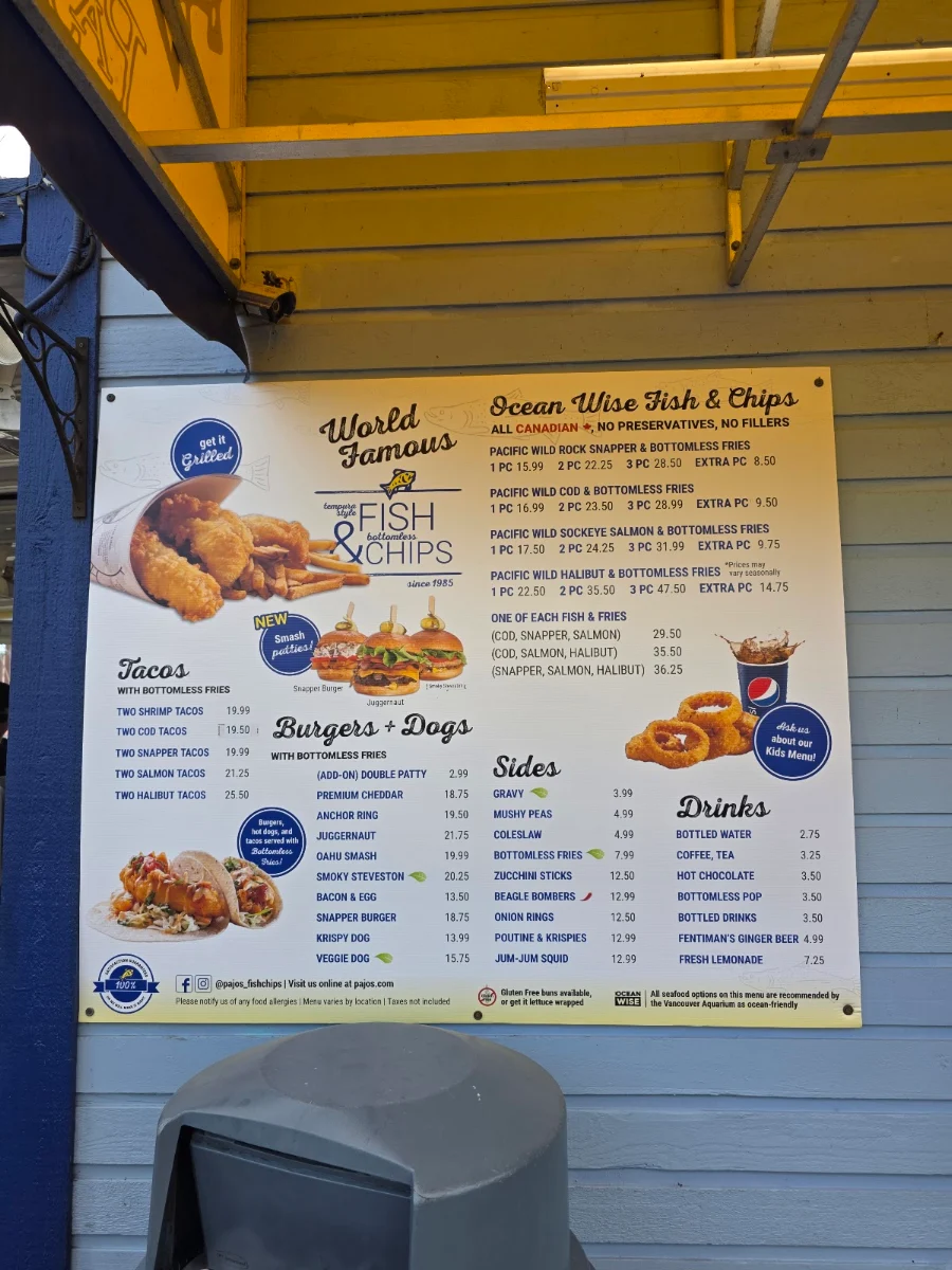 Menu, Pajo's Fish & Chips at Steveston Wharf