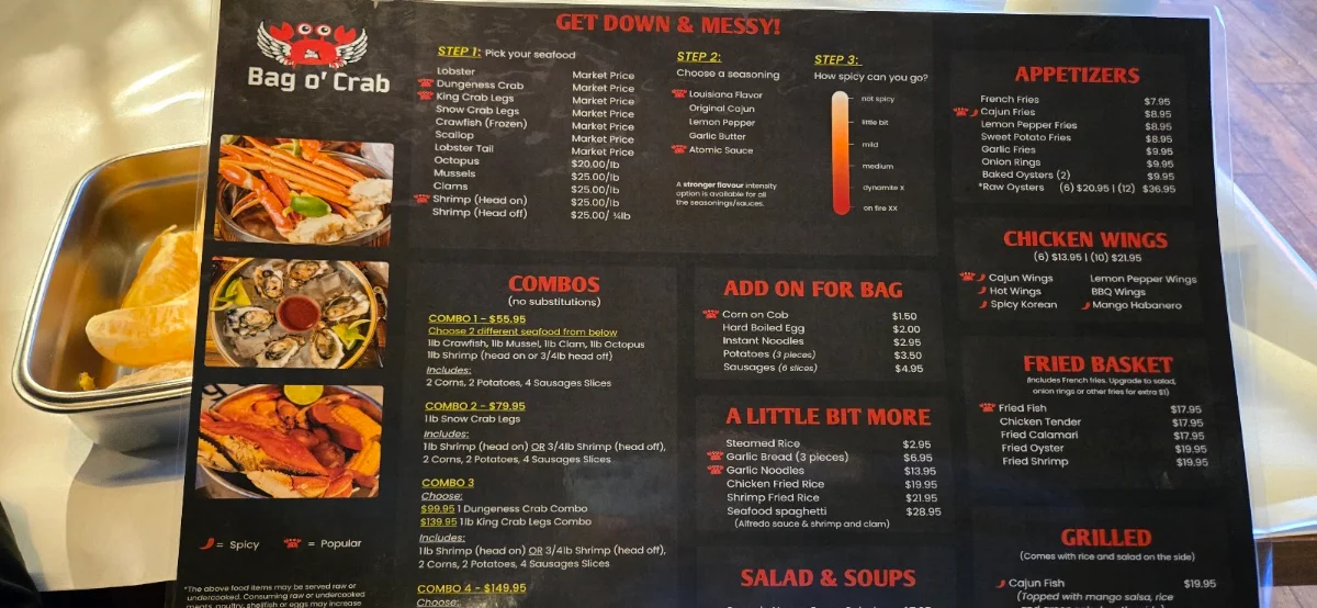 Menu, Bag O'Crab