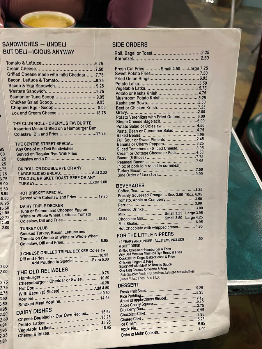 Menu, Centre Street Deli