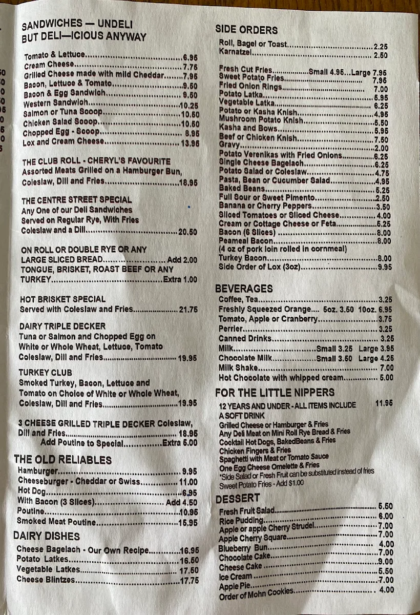 Menu, Centre Street Deli