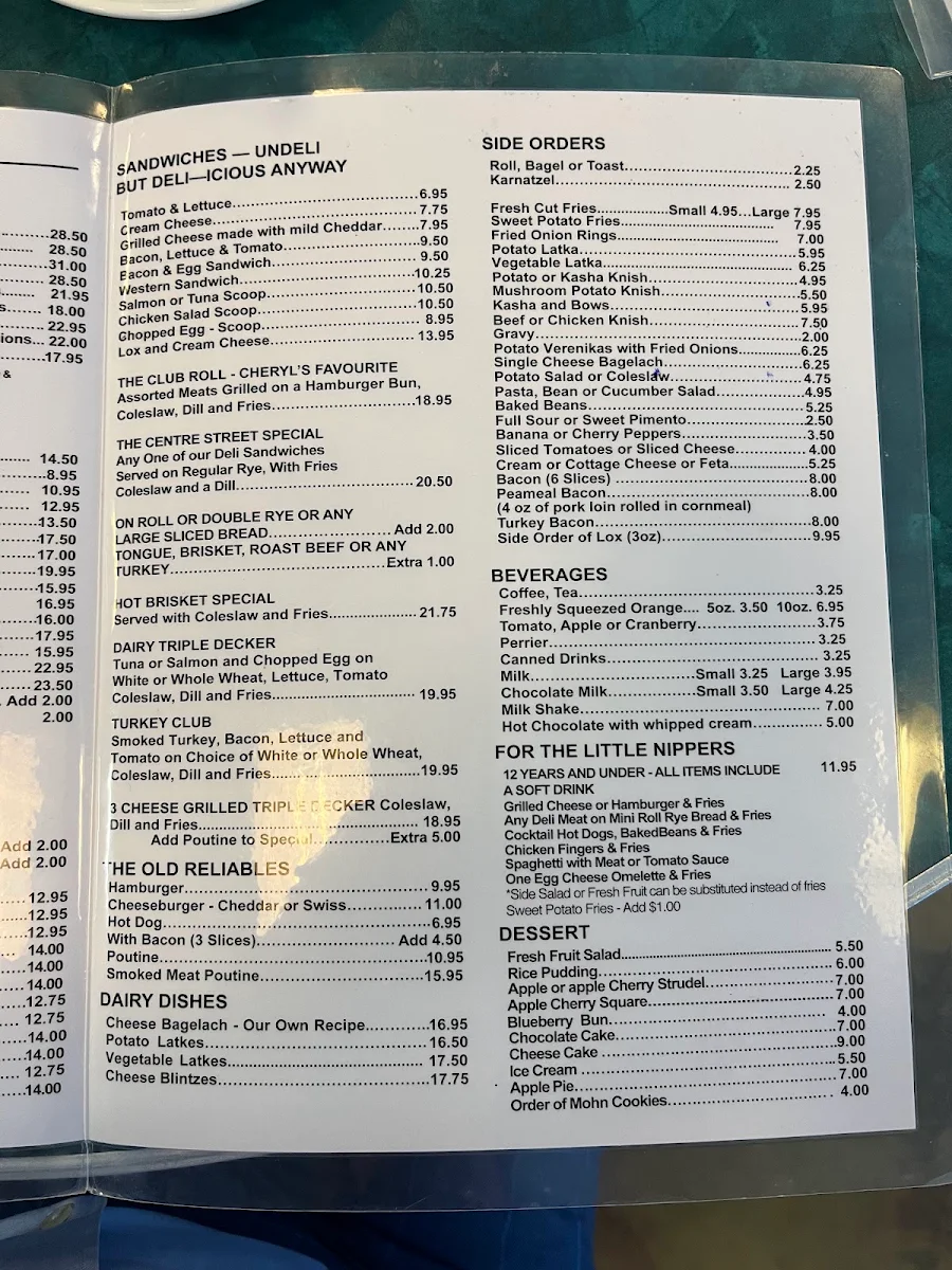 Menu, Centre Street Deli
