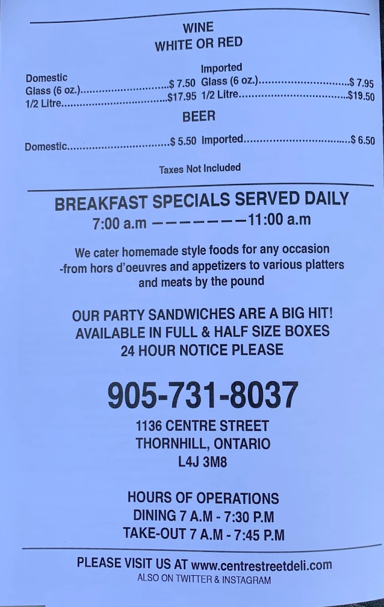 Menu, Centre Street Deli