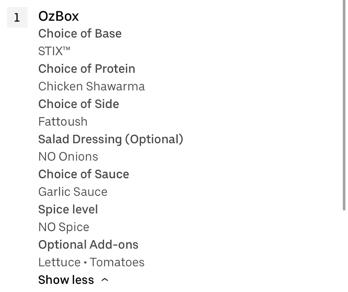 Menu, Osmow's Shawarma