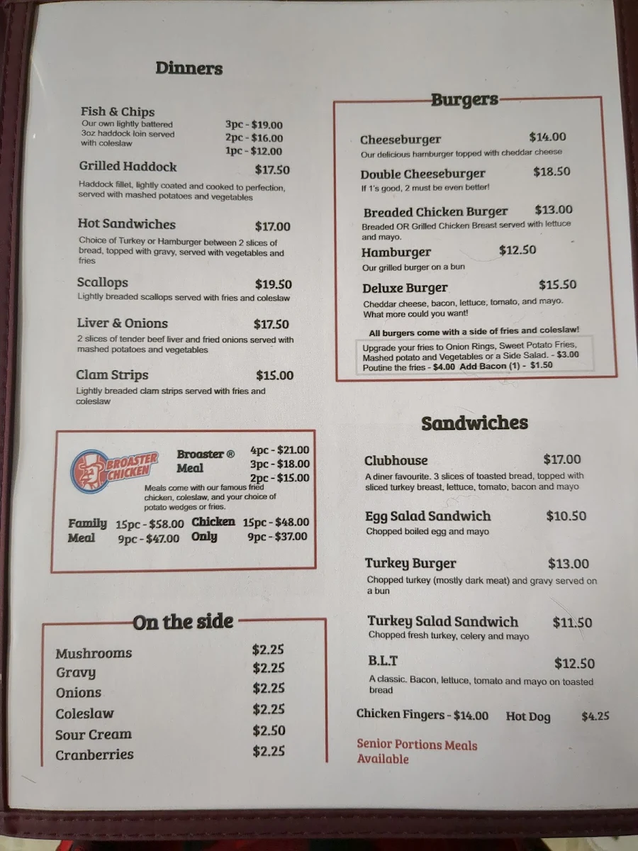 Menu, Bev's Country Diner