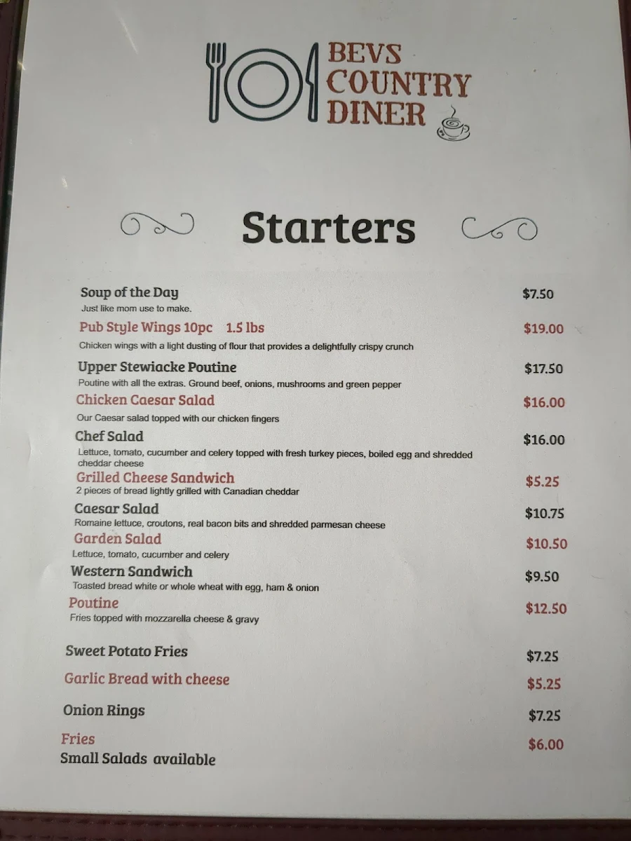 Menu, Bev's Country Diner