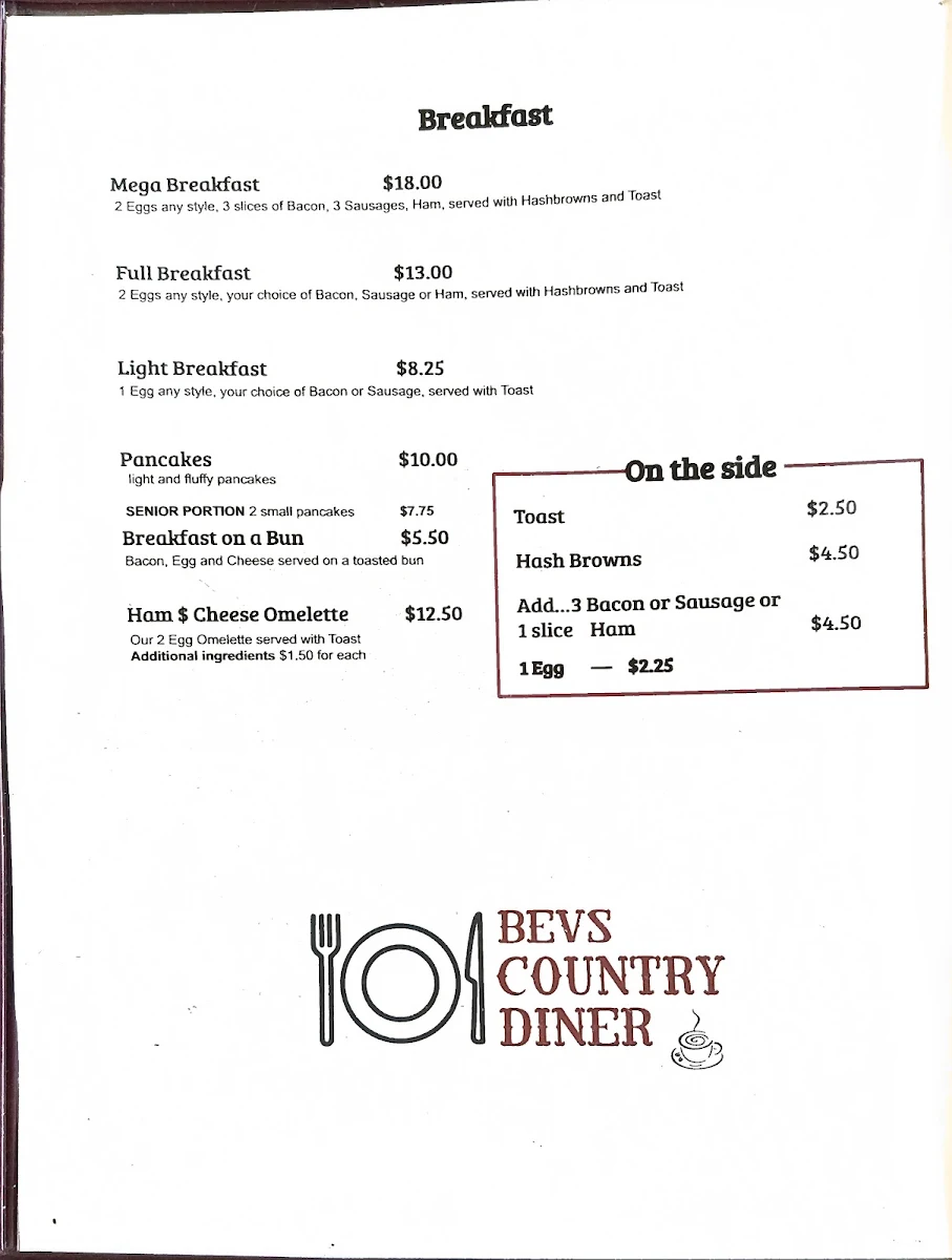 Menu, Bev's Country Diner