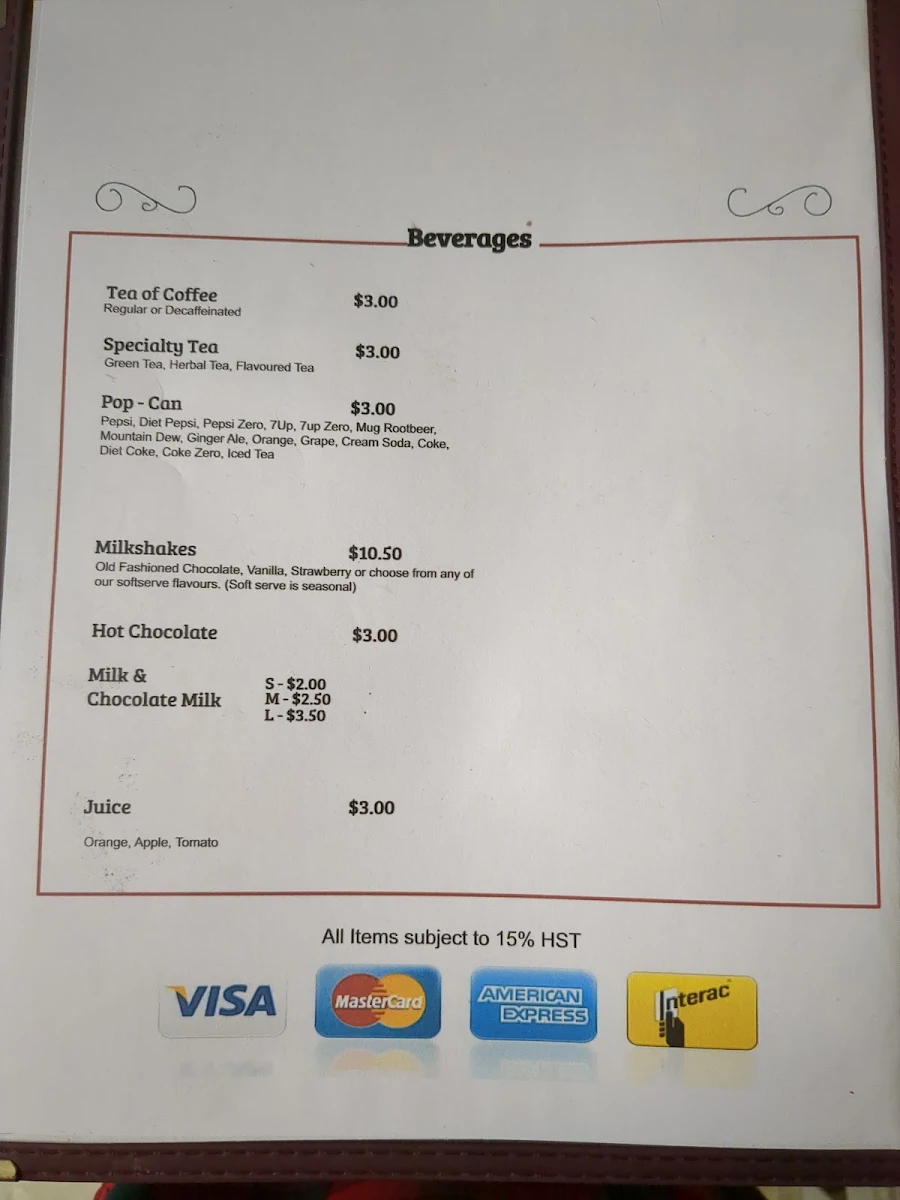 Menu, Bev's Country Diner
