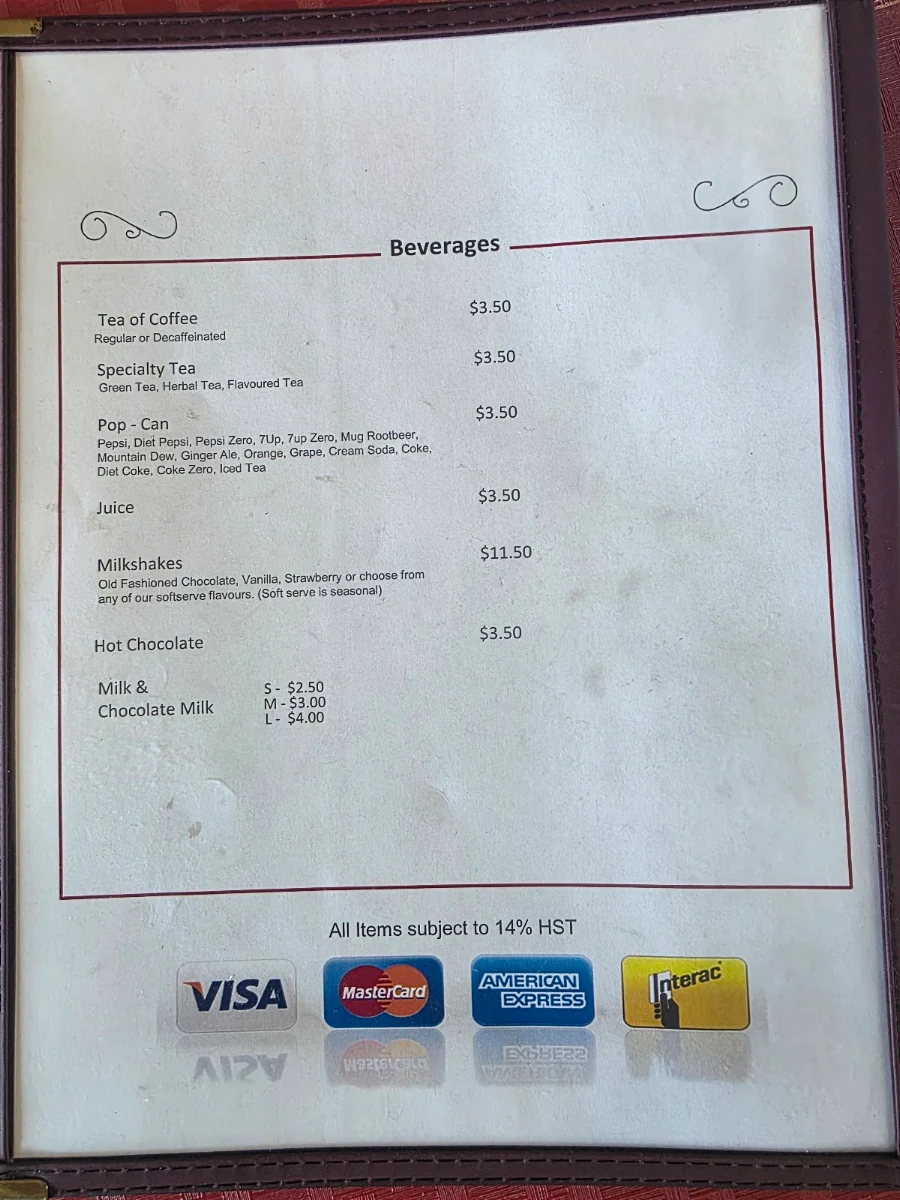 Menu, Bev's Country Diner