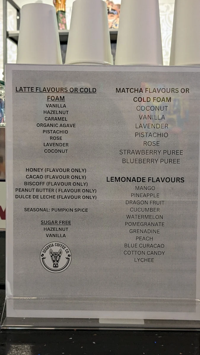 Menu, Segovia Coffee Co.