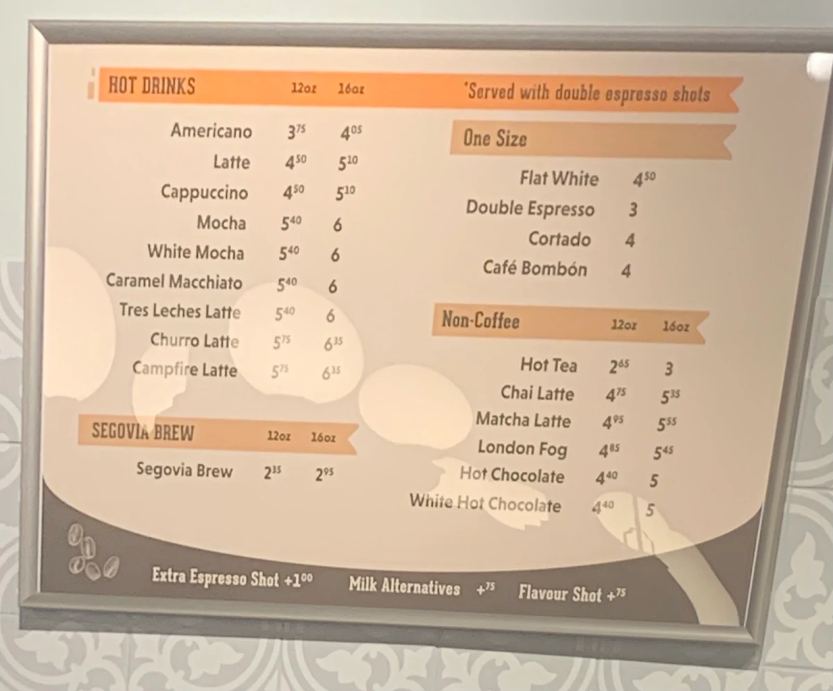 Menu, Segovia Coffee Co.