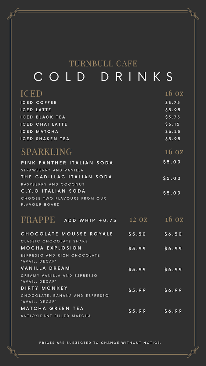Menu, Turnbull Cafe
