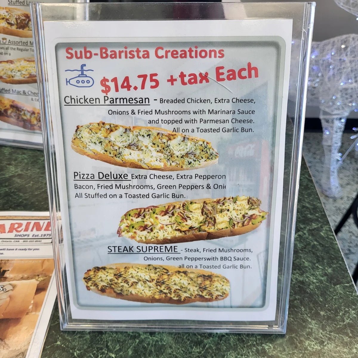 Menu, Rendezvous Submarine Shop