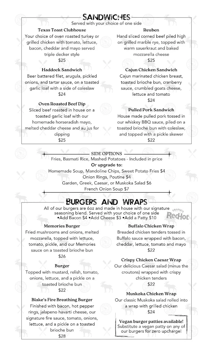 Menu, Blakes Memories of Muskoka - Seguin