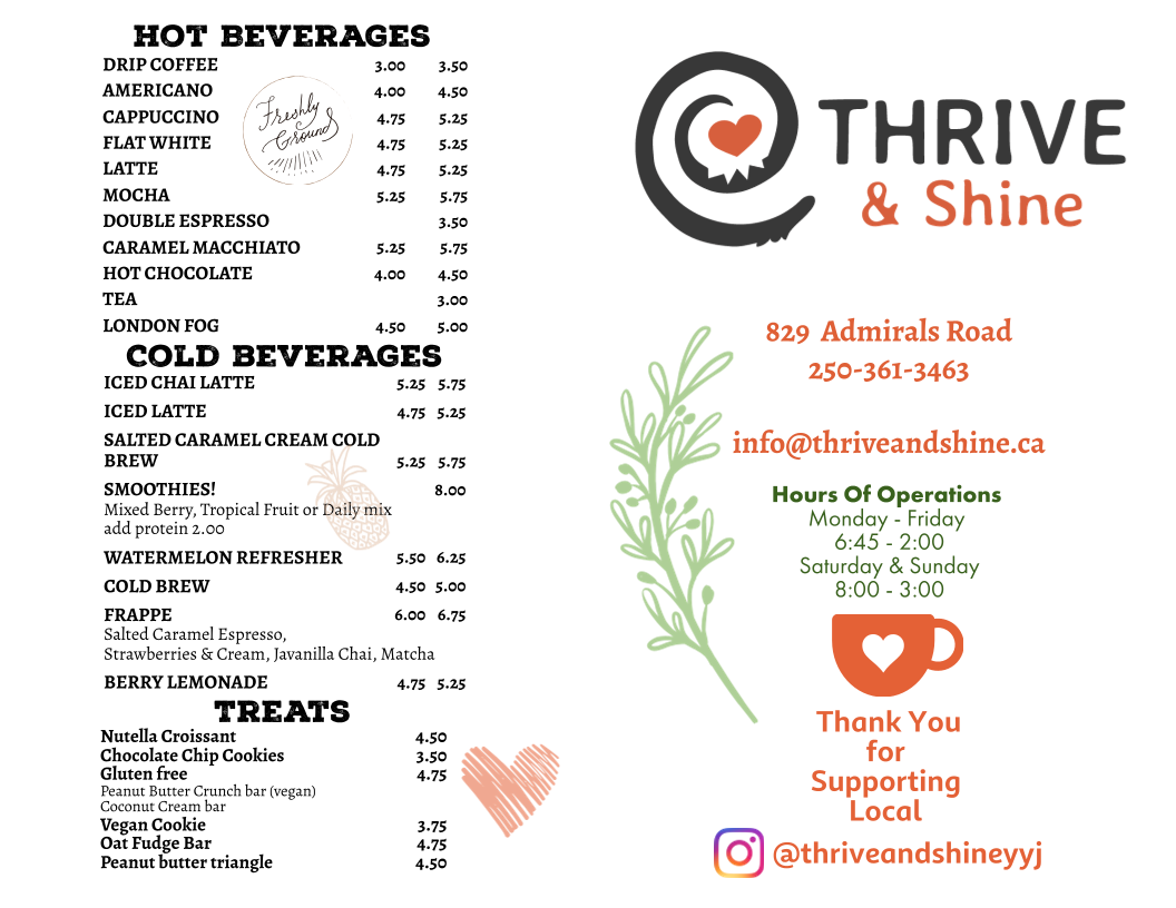 Menu, Thrive & Shine Bistro