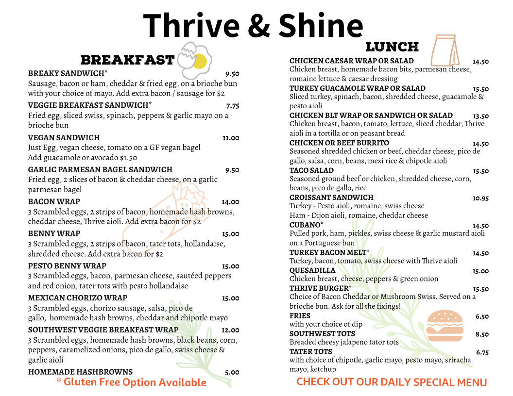 Menu, Thrive & Shine Bistro