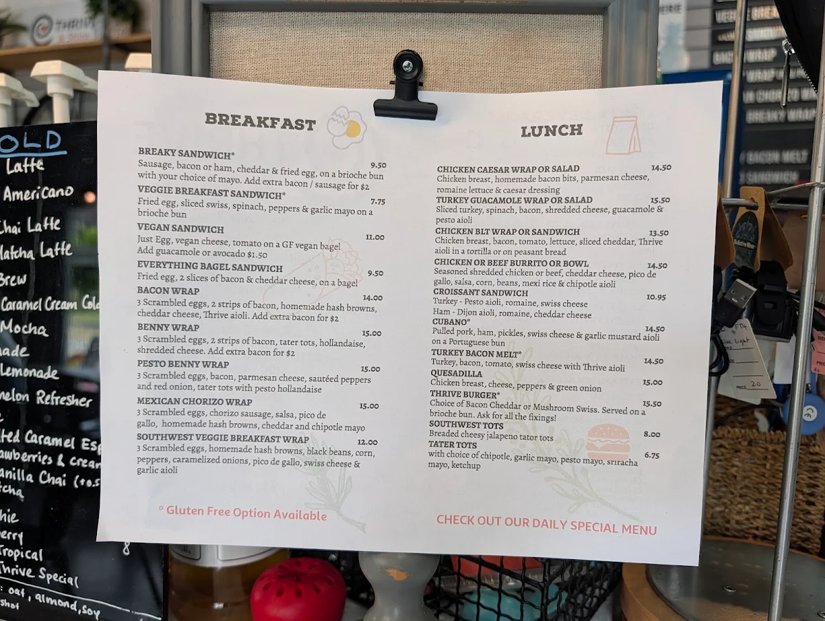 Menu, Thrive & Shine Bistro