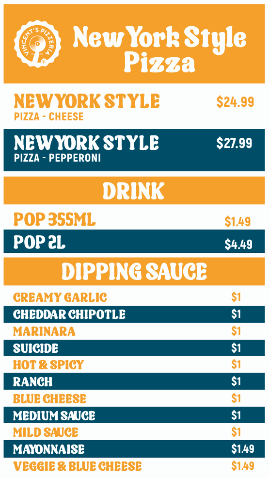 Menu, Vincent's Pizzeria