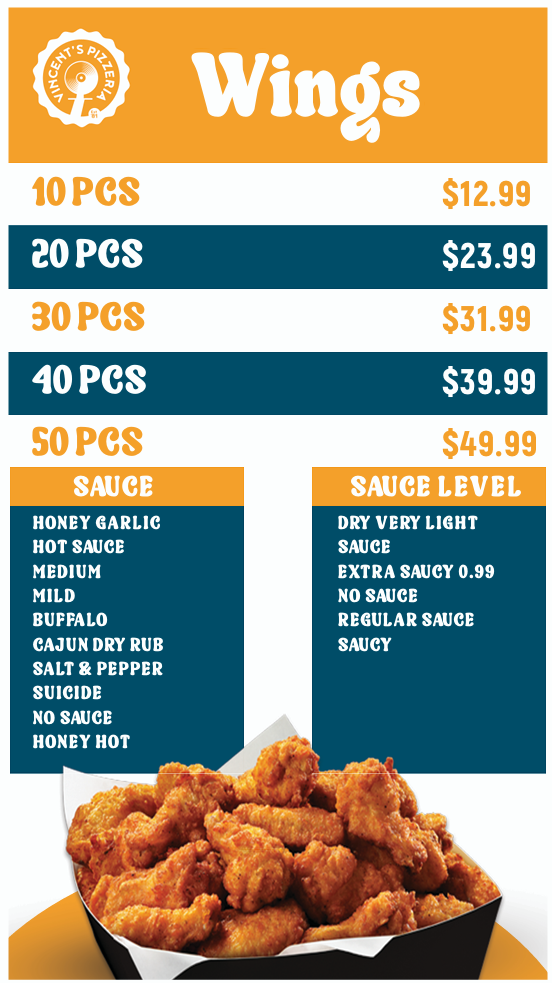 Menu, Vincent's Pizzeria