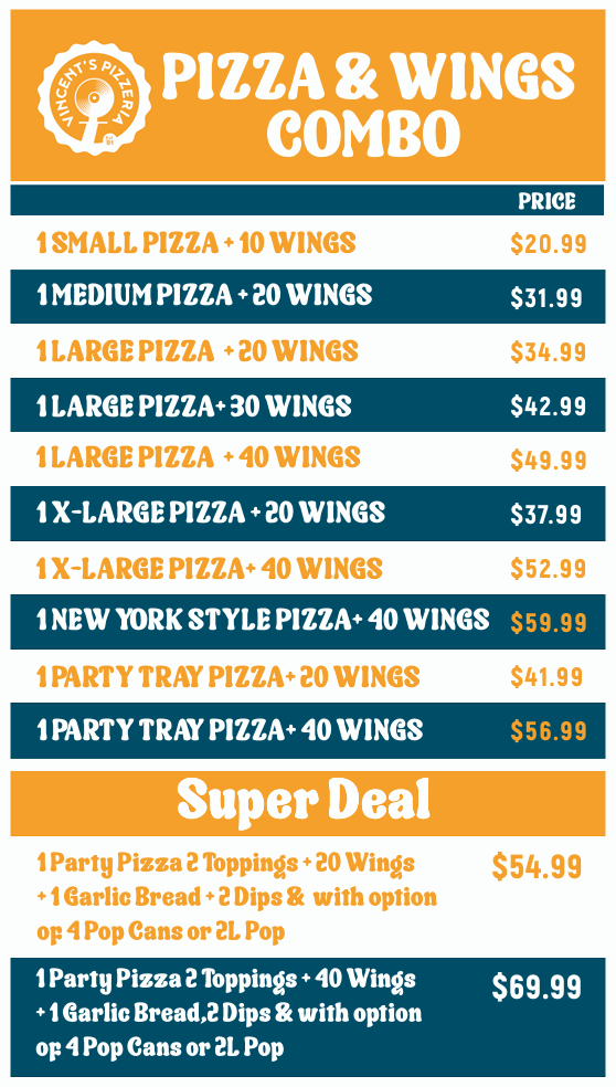 Menu, Vincent's Pizzeria