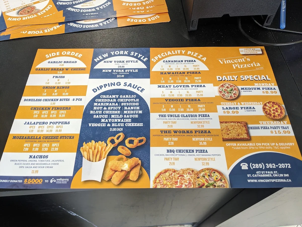 Menu, Vincent's Pizzeria
