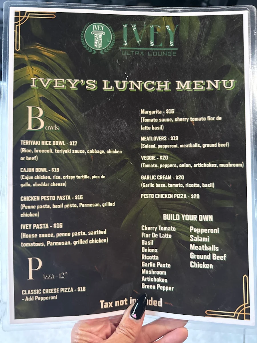 Menu, Ivey Ultra Lounge
