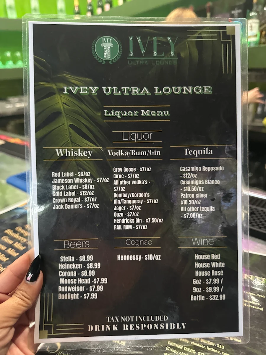 Menu, Ivey Ultra Lounge