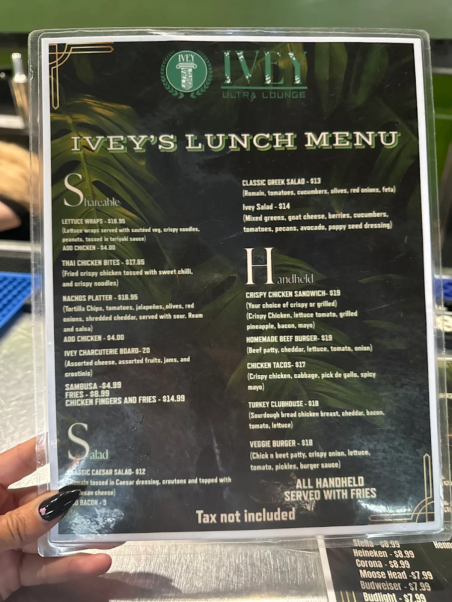 Menu, Ivey Ultra Lounge