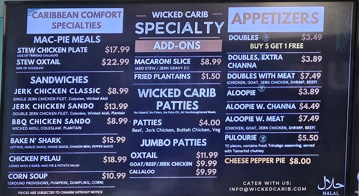 Menu, Wicked Carib, Caribbean Food Culture