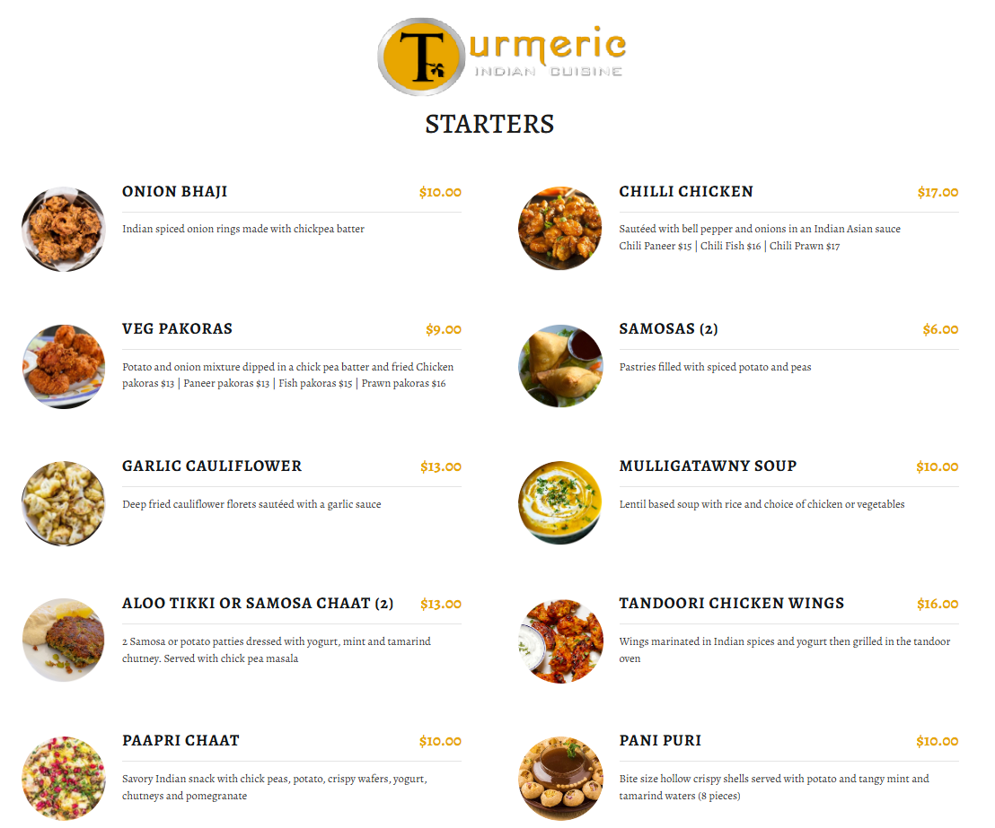 Menu, Turmeric Indian Cuisine | Indian Restaurant Langford