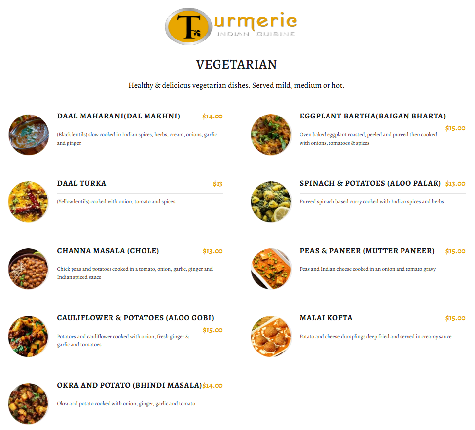 Menu, Turmeric Indian Cuisine | Indian Restaurant Langford