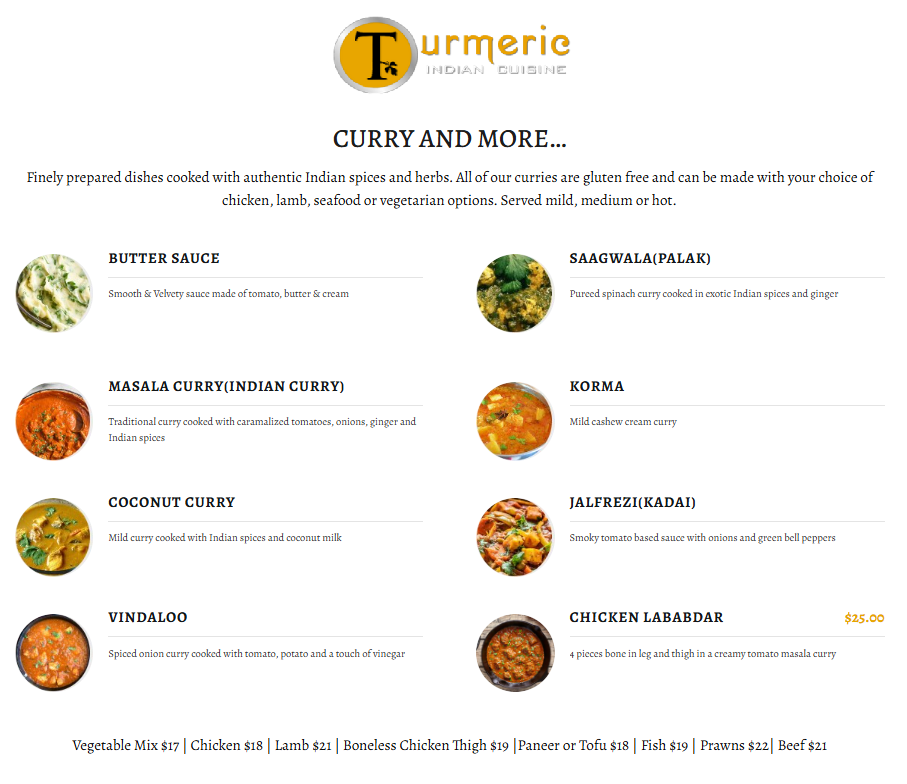 Menu, Turmeric Indian Cuisine | Indian Restaurant Langford