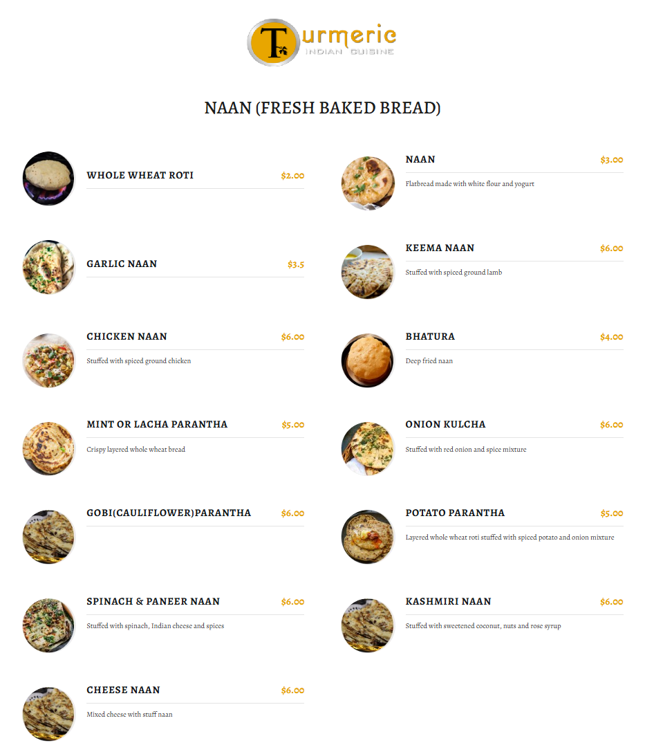 Menu, Turmeric Indian Cuisine | Indian Restaurant Langford