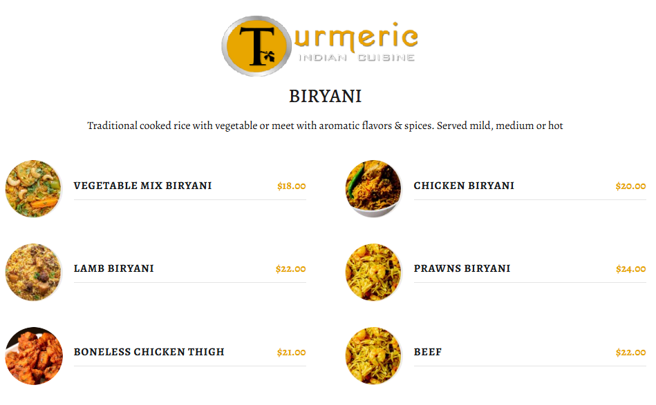Menu, Turmeric Indian Cuisine | Indian Restaurant Langford