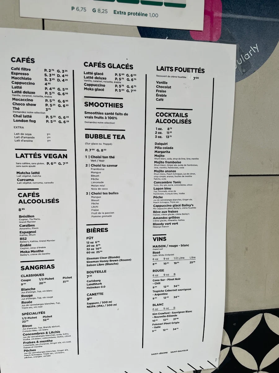 Menu, Vert Vert Cafe Bistro Inc