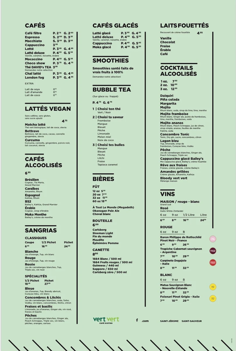 Menu, Vert Vert Cafe Bistro Inc