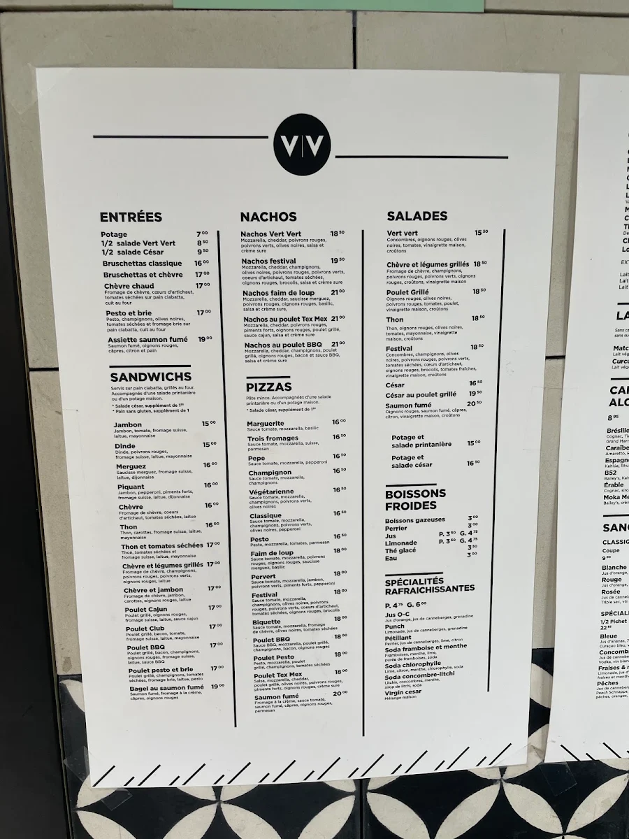Menu, Vert Vert Cafe Bistro Inc