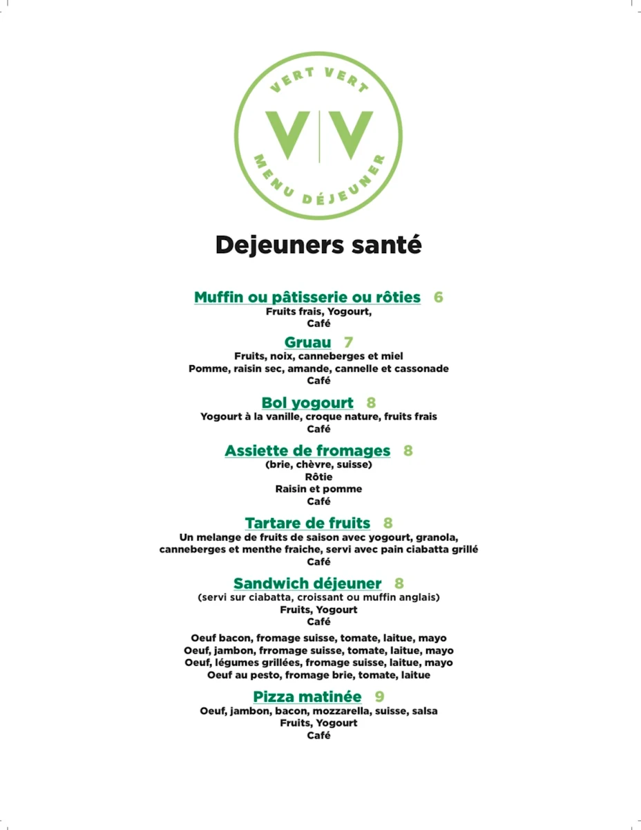 Menu, Vert Vert Cafe Bistro Inc