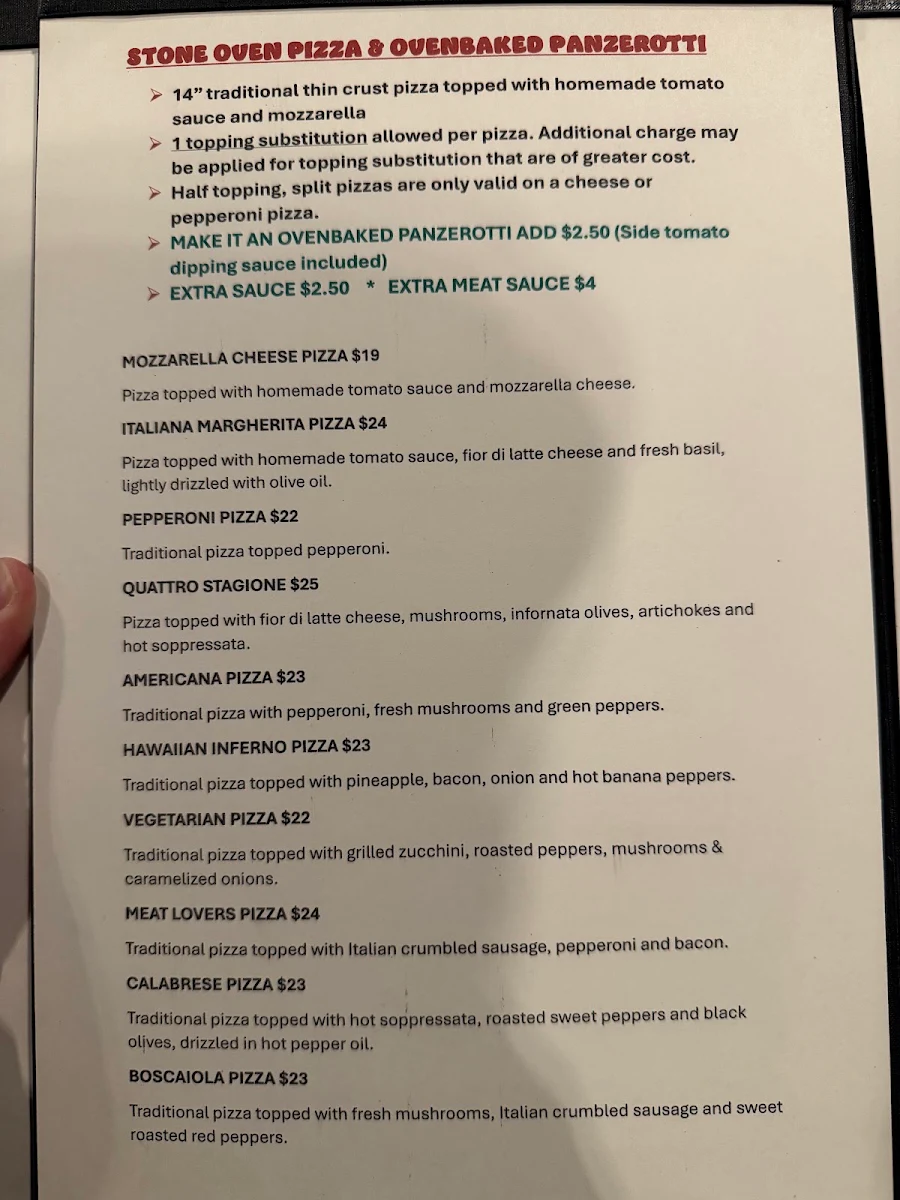 Menu, Nonna's Oven